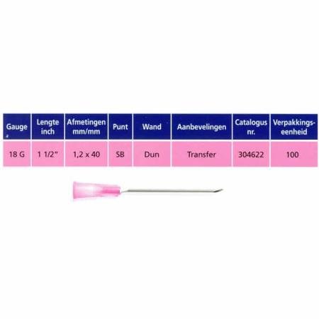 Aiguille hypodermique Microlance 18G x 40mm (Thin Wall - rose) - 100 pièces