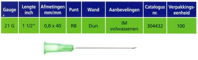 Microlance hypodermische naald 21G x40mm (Thin Wall - groen) - 100 stuks
