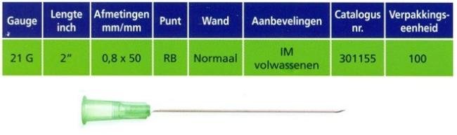 Microlance hypodermische naald 21G x 50mm (Thin Wall - groen) - 100 st.