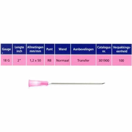 Aiguille hypodermique Microlance 18G x 50mm (Thin Wall - roze) - 100 pièces
