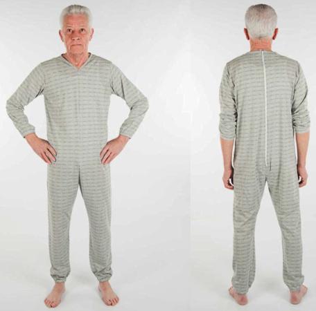 Pyjama met lange pijpen, lange mouwen, ritssluiting op de rug en rits tussen de benen, V-hals, zitgedeelte extra verstevigd - Grijs - Medium
