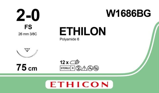 Ethilon 2-0 - 75cm - Zwart - Met naald van 26mm en 3/8C - per stuk